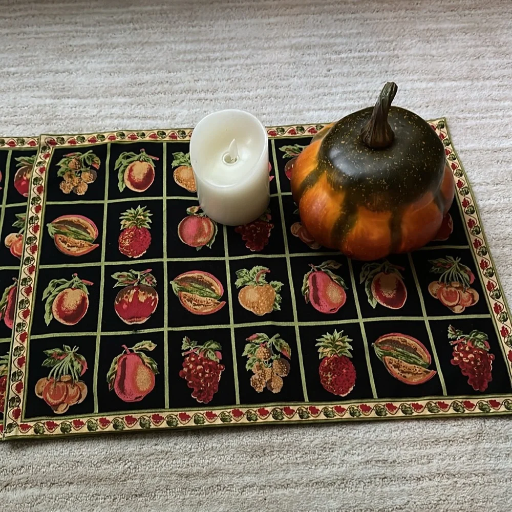 Vintage April Cornell Black Fruit Placemats Set of 2